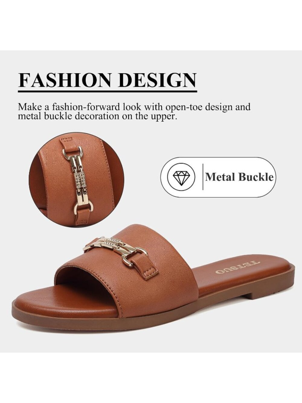 Women's Sandals Dressy Slide Sandals Light Brown Open Toe Slip On Flat Sandals - Picture 3 of 5
